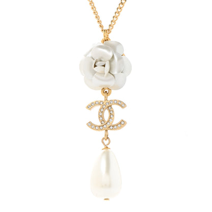 Chanel Crystal Pearl CC Camellia Flower Necklace Gold 4 of 6