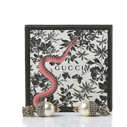 Gucci Metal Resin Pearl Feline Clip On Earrings Aged Gold 6 of 6