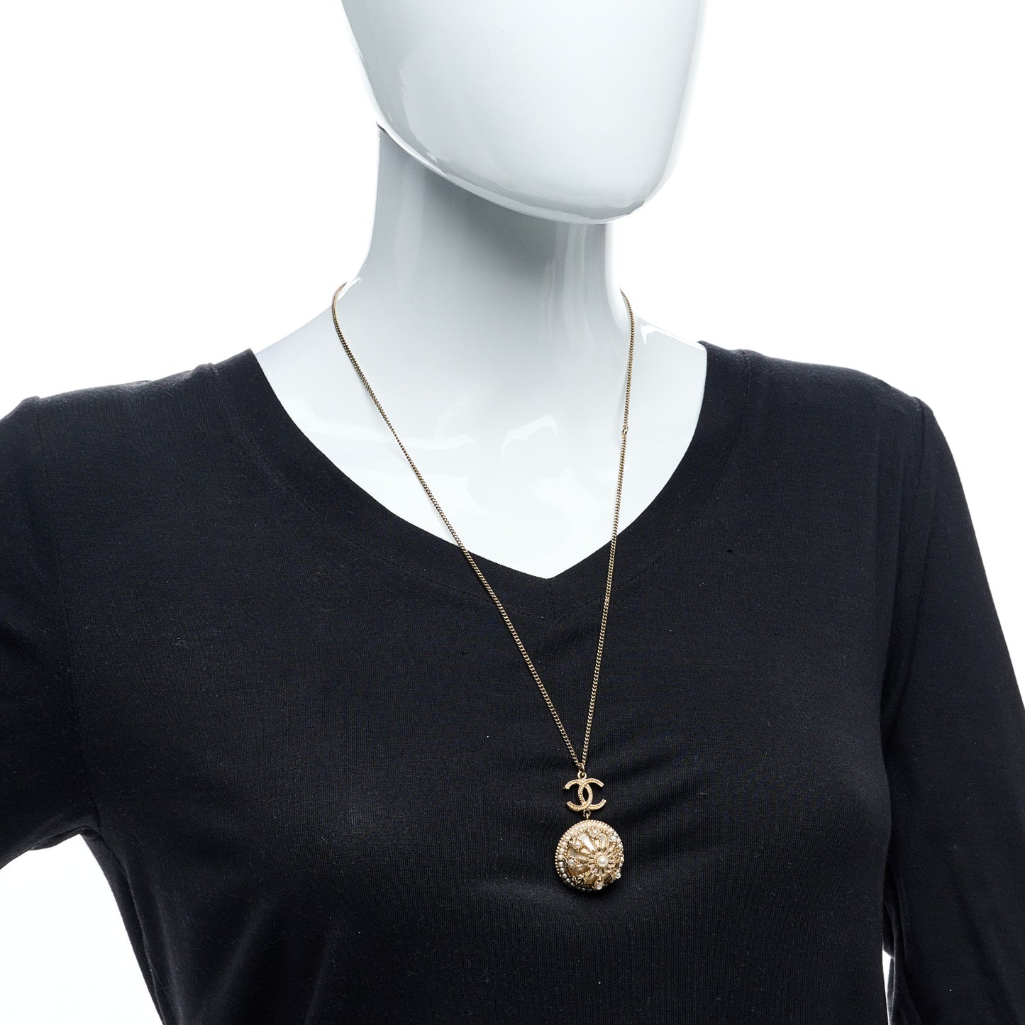 Bead Enamel Pearl CC Pendant Necklace Gold