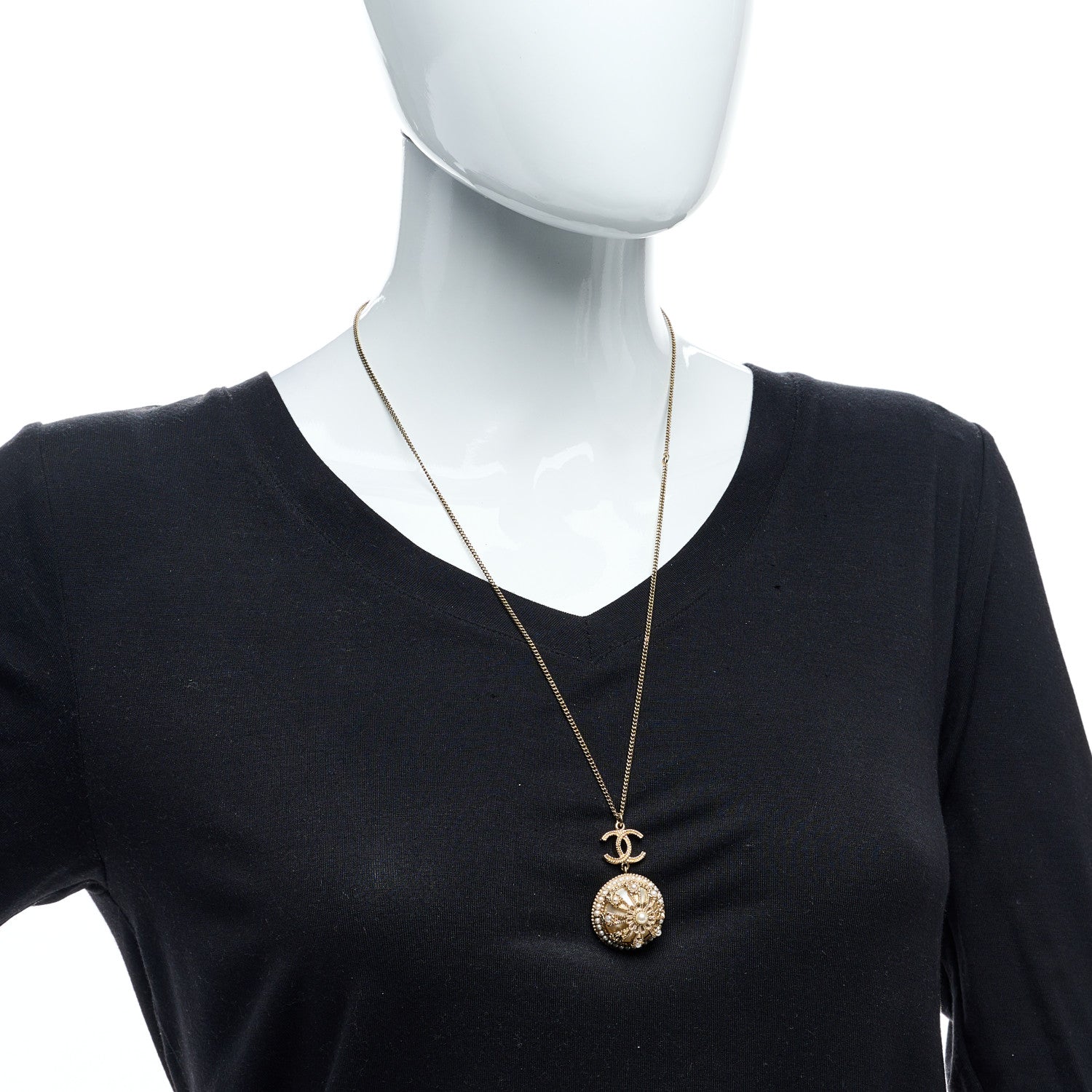 Chanel Bead Enamel Pearl CC Pendant Necklace Gold 3 of 4