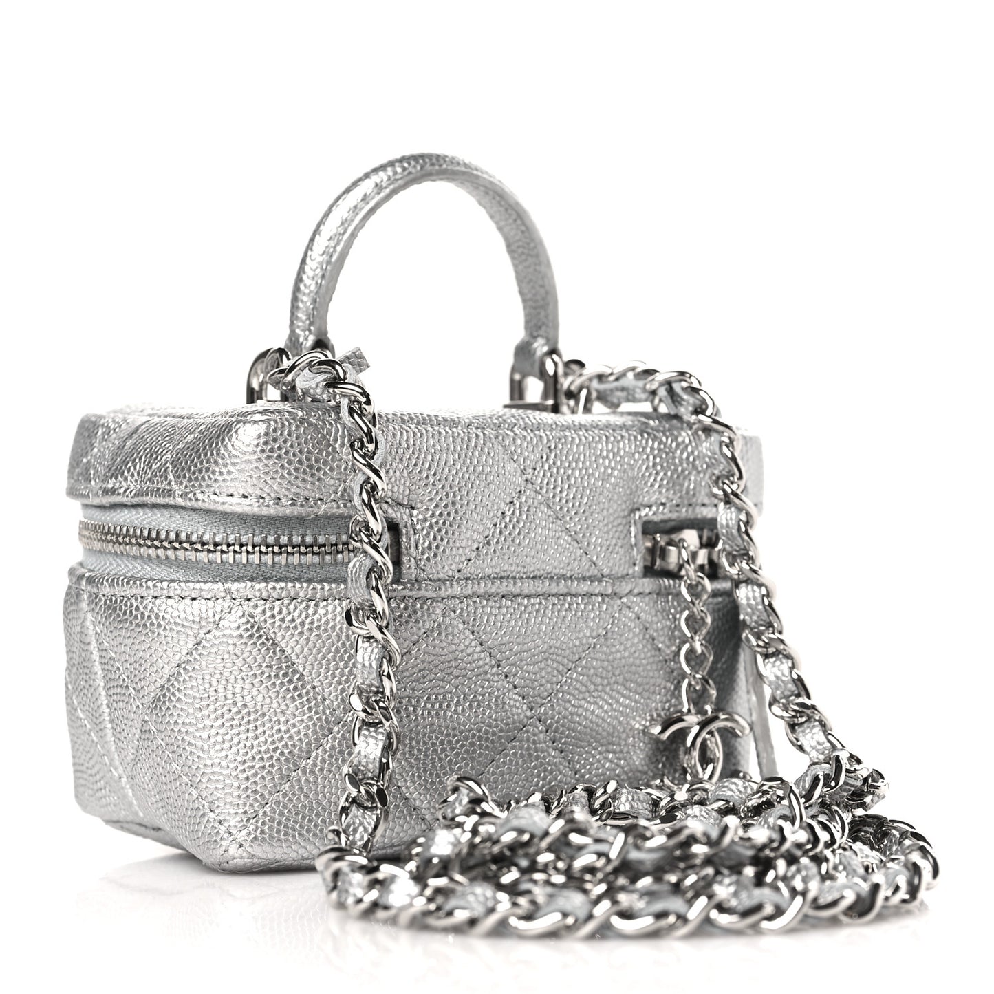 Metallic Caviar Quilted Mini Top Handle Vanity With Chain Silver