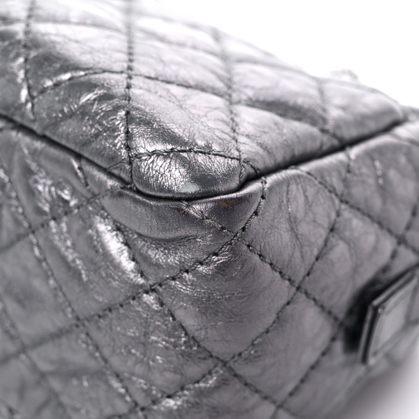 Metallic Aged Calfskin Quilted Small Reissue Camera Case Dark Silver