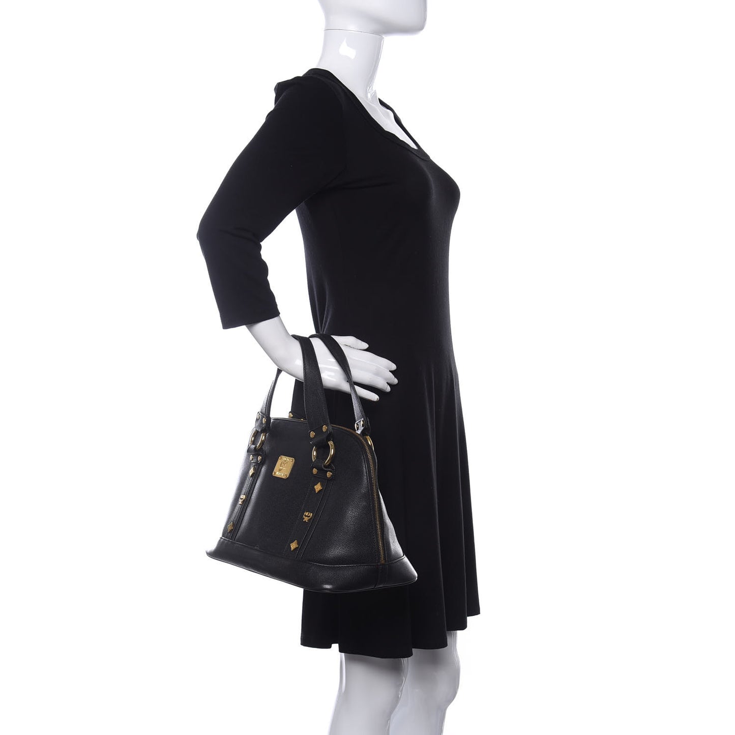 Grained Calfskin Studded Boston Bag Black