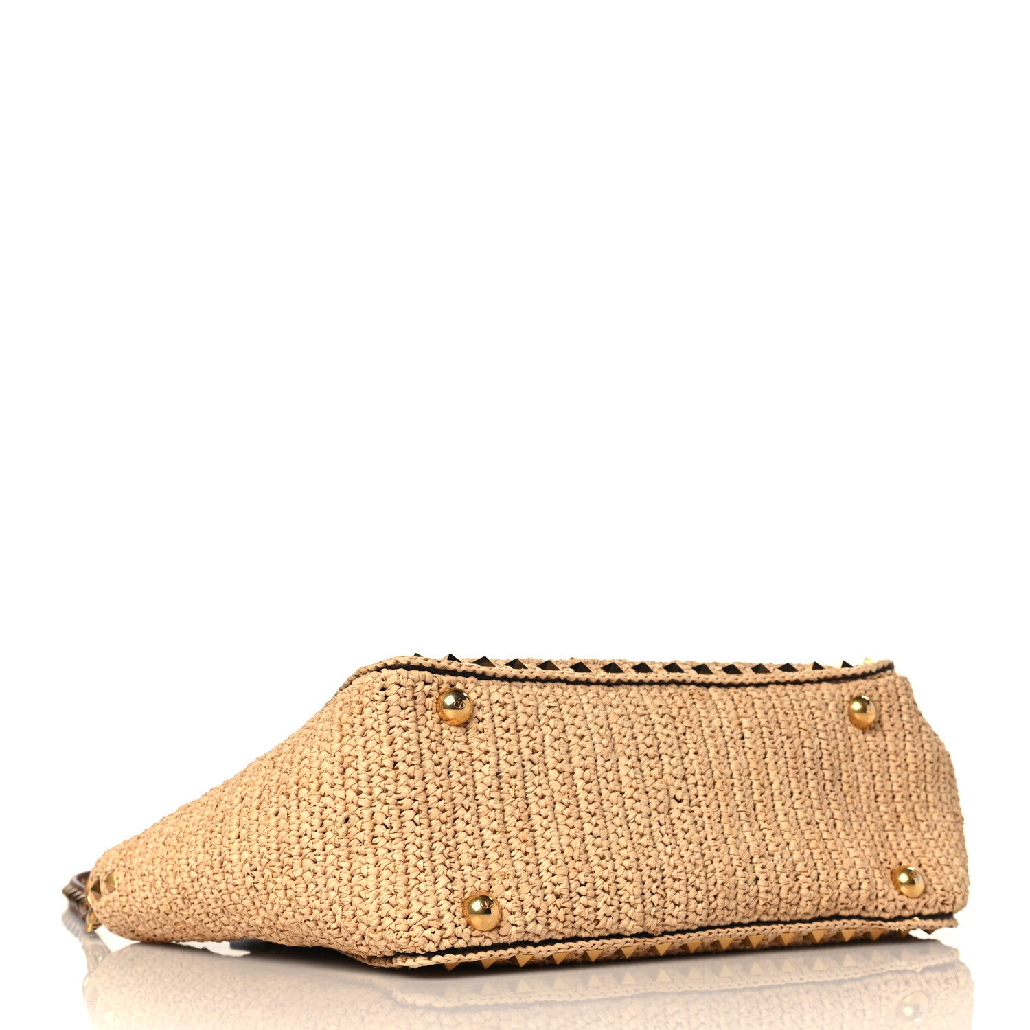 Valentino Garavani Raffia Calfskin Small Rockstud Tote Naturale Saddle Brown 4 of 8