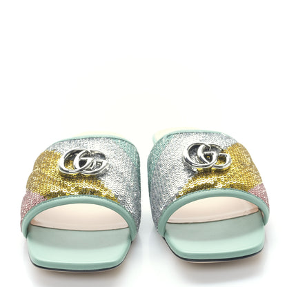Gucci Sequin Satin Calfskin Matelasse GG Marmont Flat Slide Sandals 39.5 Grigio Argento Verde Chiaro Rosa Giallo Light Water Green 2 of 8