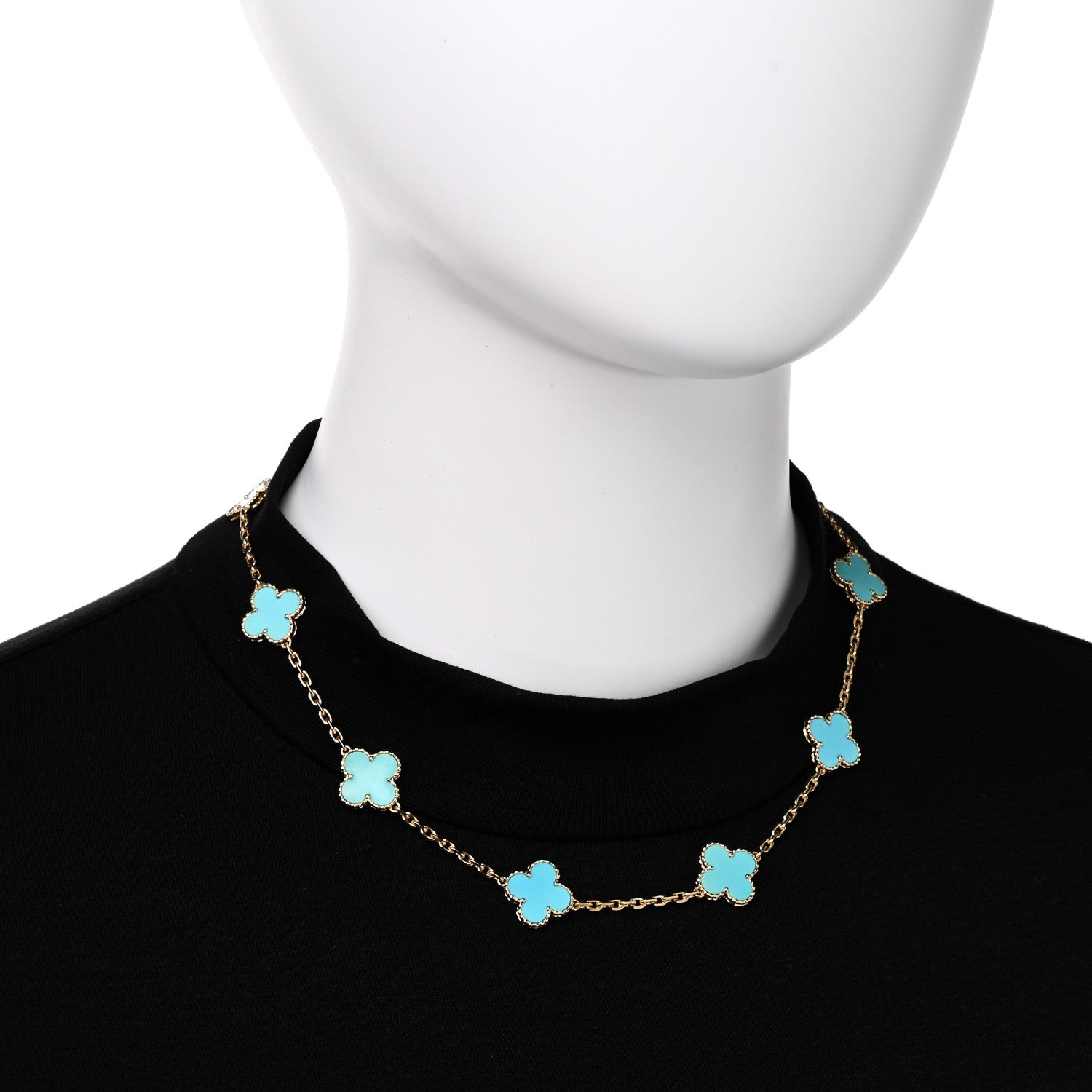 Van Cleef & Arpels 18K Yellow Gold Turquoise 10 Motifs Vintage Alhambra Necklace 3 of 11