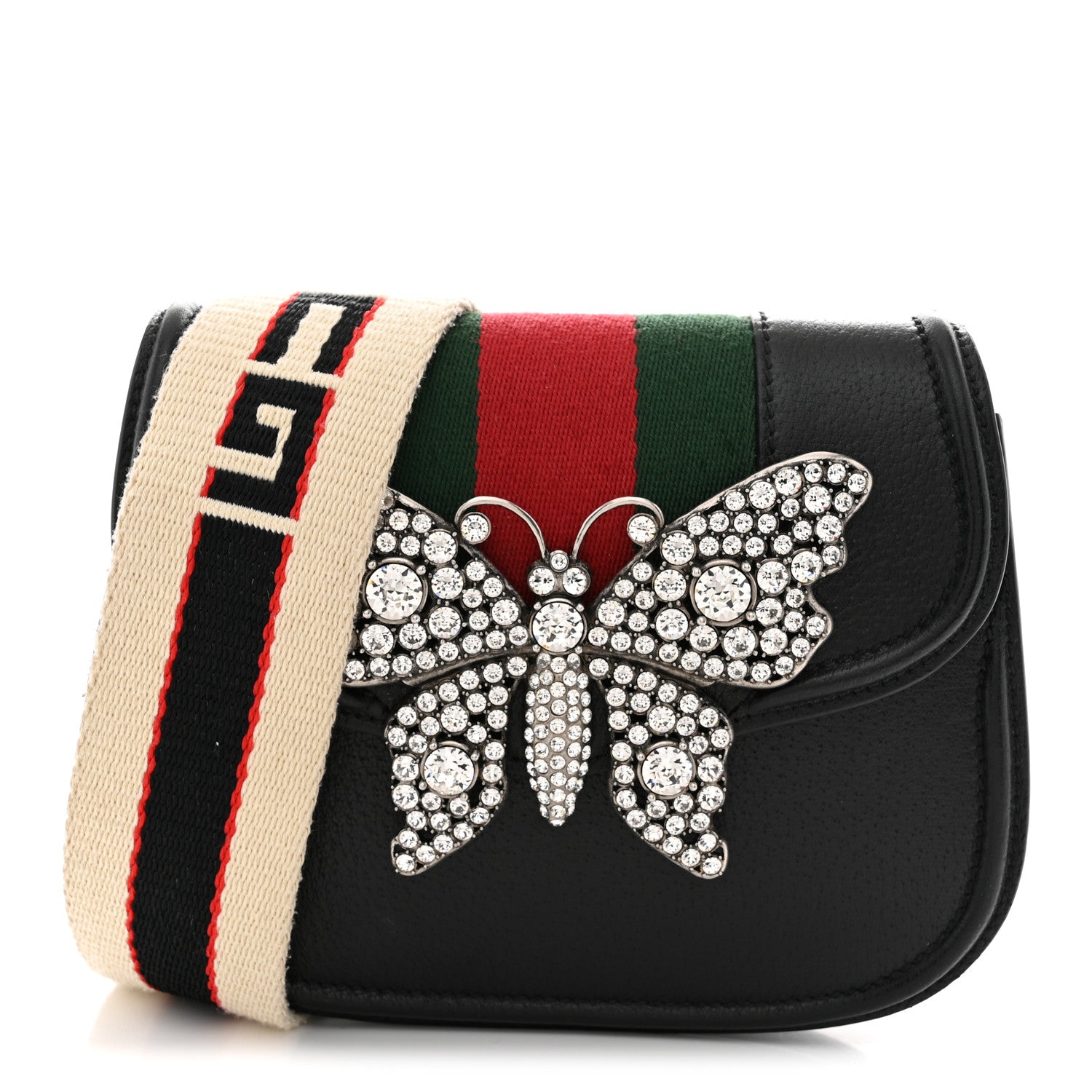 Gucci Calfskin Web Crystal Butterfly Stripe Small Totem Shoulder Bag Black 1 of 11