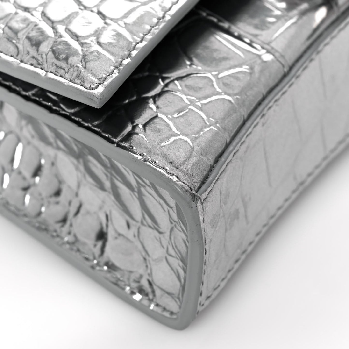 Metallic Calfskin Crocodile Embossed Hourglass Chain Bag Silver