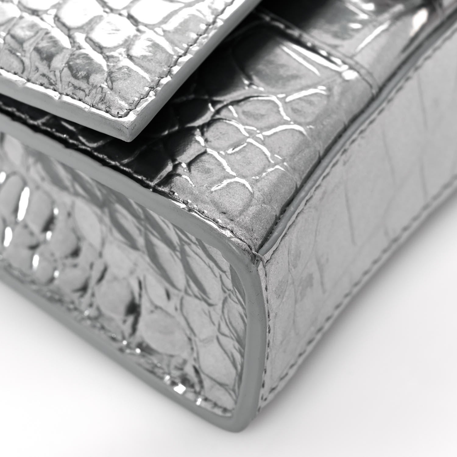 Balenciaga Metallic Calfskin Crocodile Embossed Hourglass Chain Bag Silver 8 of 13