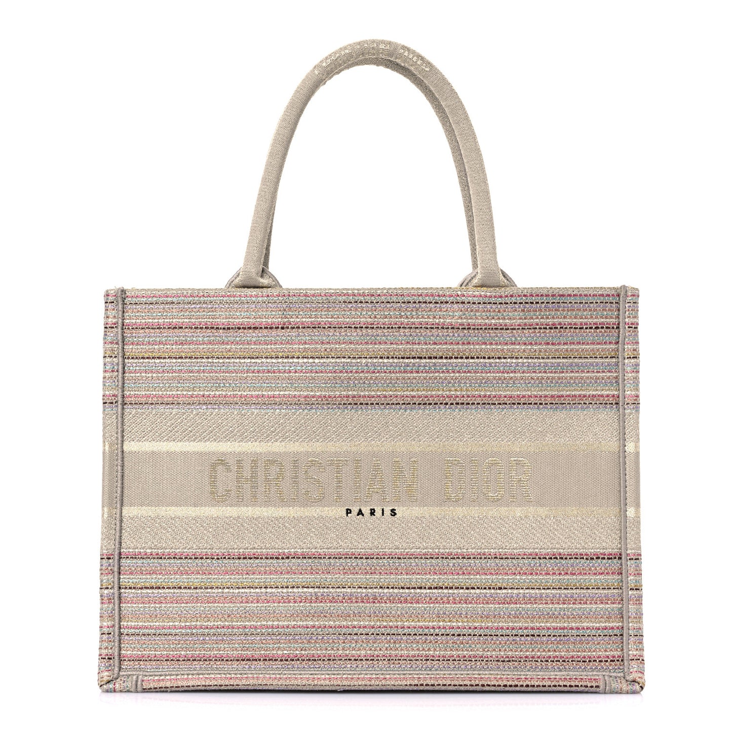 Canvas Embroidered Medium Stripes Book Tote Beige Multicolor