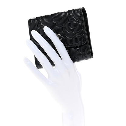 Chanel Lambskin Camellia Embossed Small Double Wallet Black 2 of 11