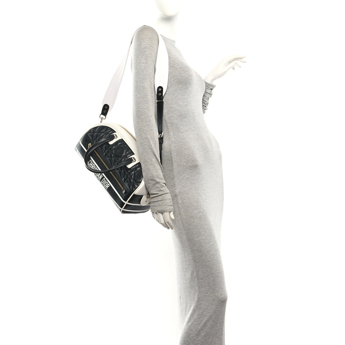Christian Dior Lambskin Cannage Medium Dior Vibe Zip Bowling Bag Black White 2 of 10