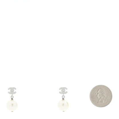 Chanel Crystal Pearl CC Drop Earrings Silver 2 of 5