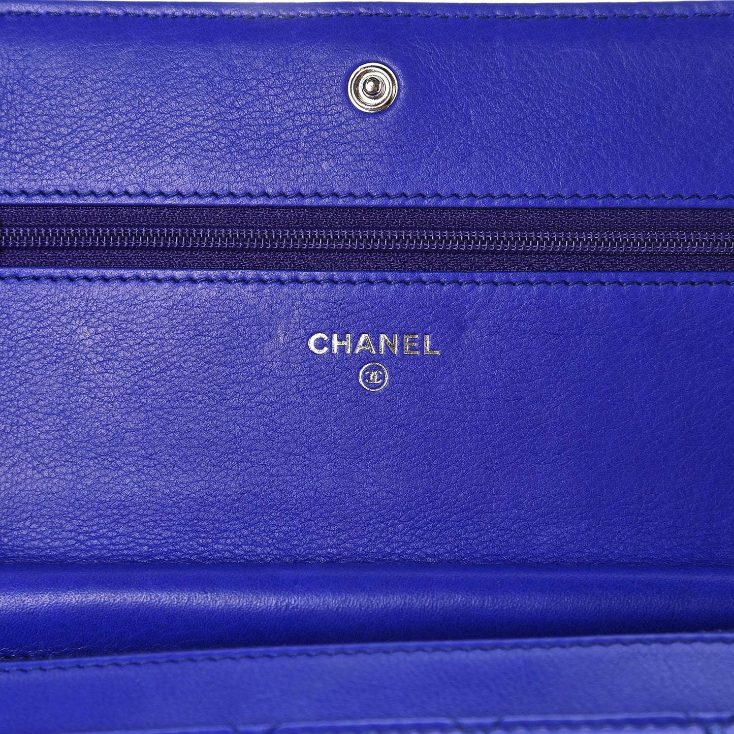 Calfskin Quilted Fancy CC Wallet On Chain WOC Blue