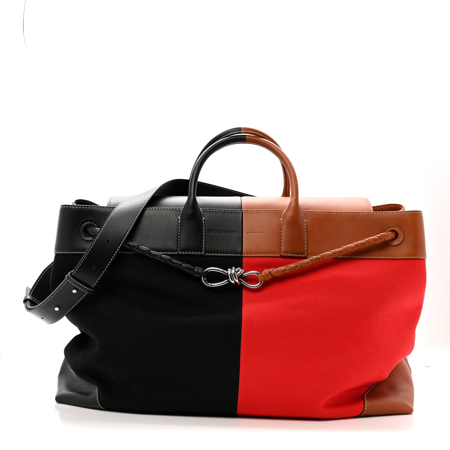 Canvas Calfskin Large Andiamo Voyager Shoulder Bag Black Scarlet Light Wood