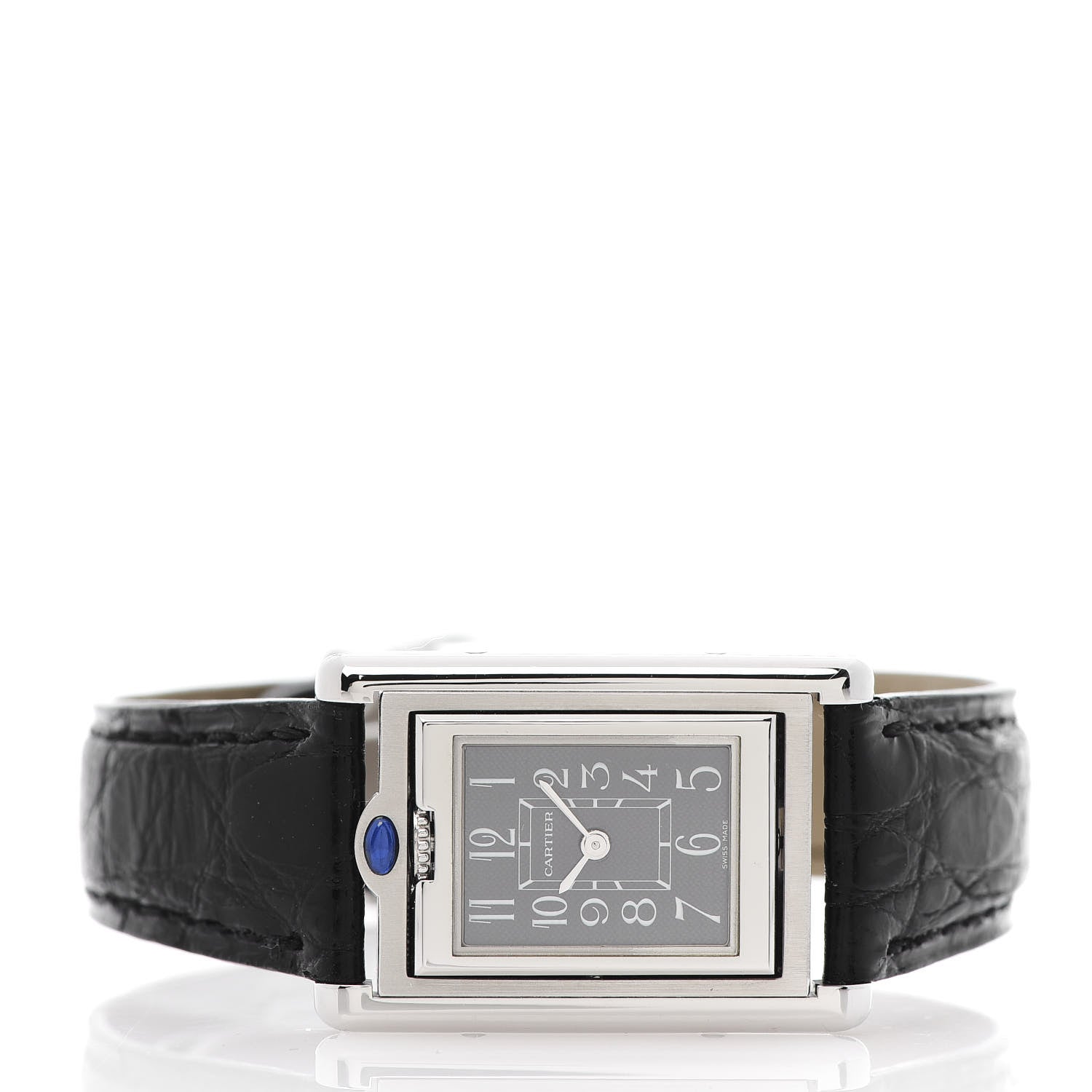 Cartier Stainless Steel Alligator 22mm Tank Basculante Quartz Watch Black 3 of 6