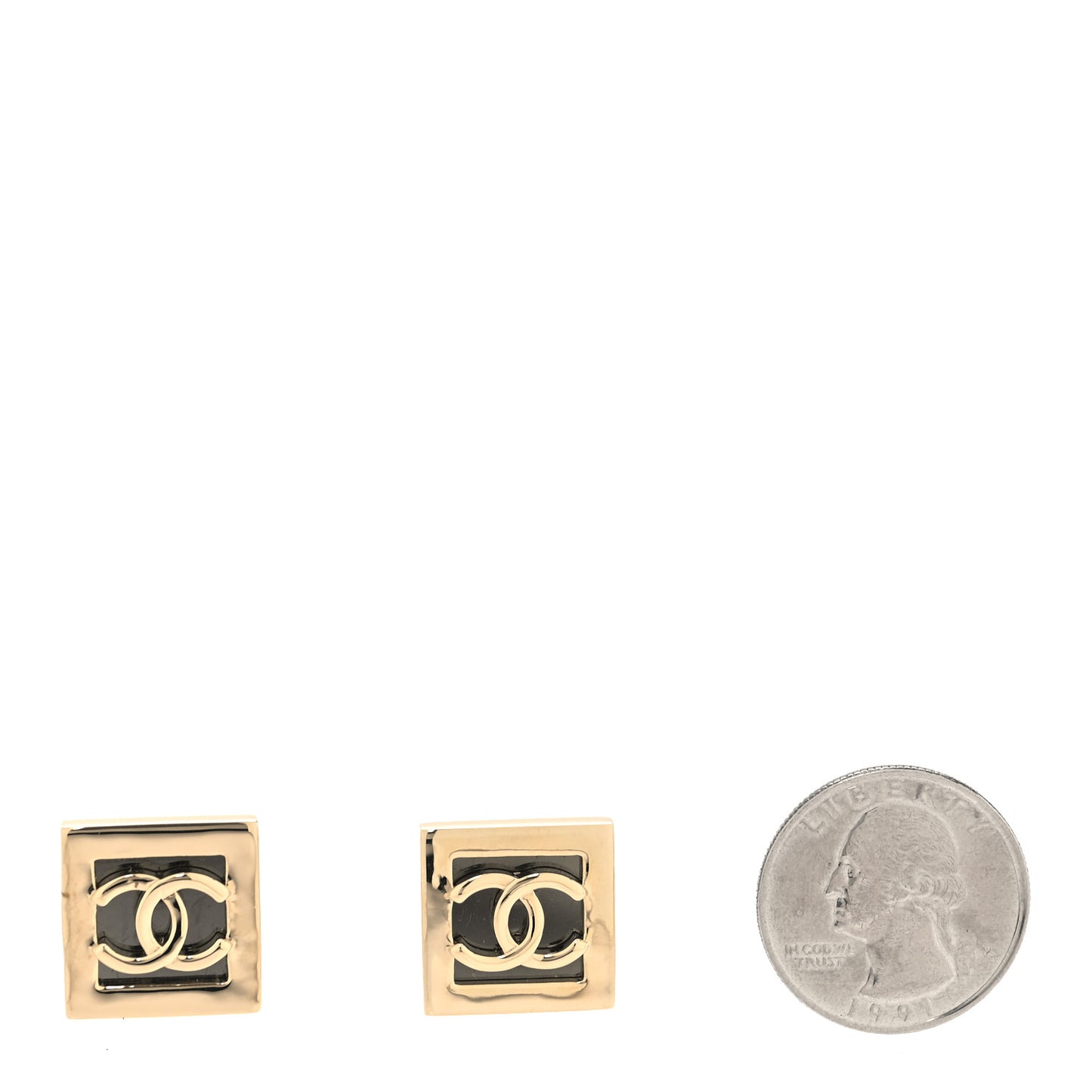 Metal Enamel CC Square Earrings Gold Black