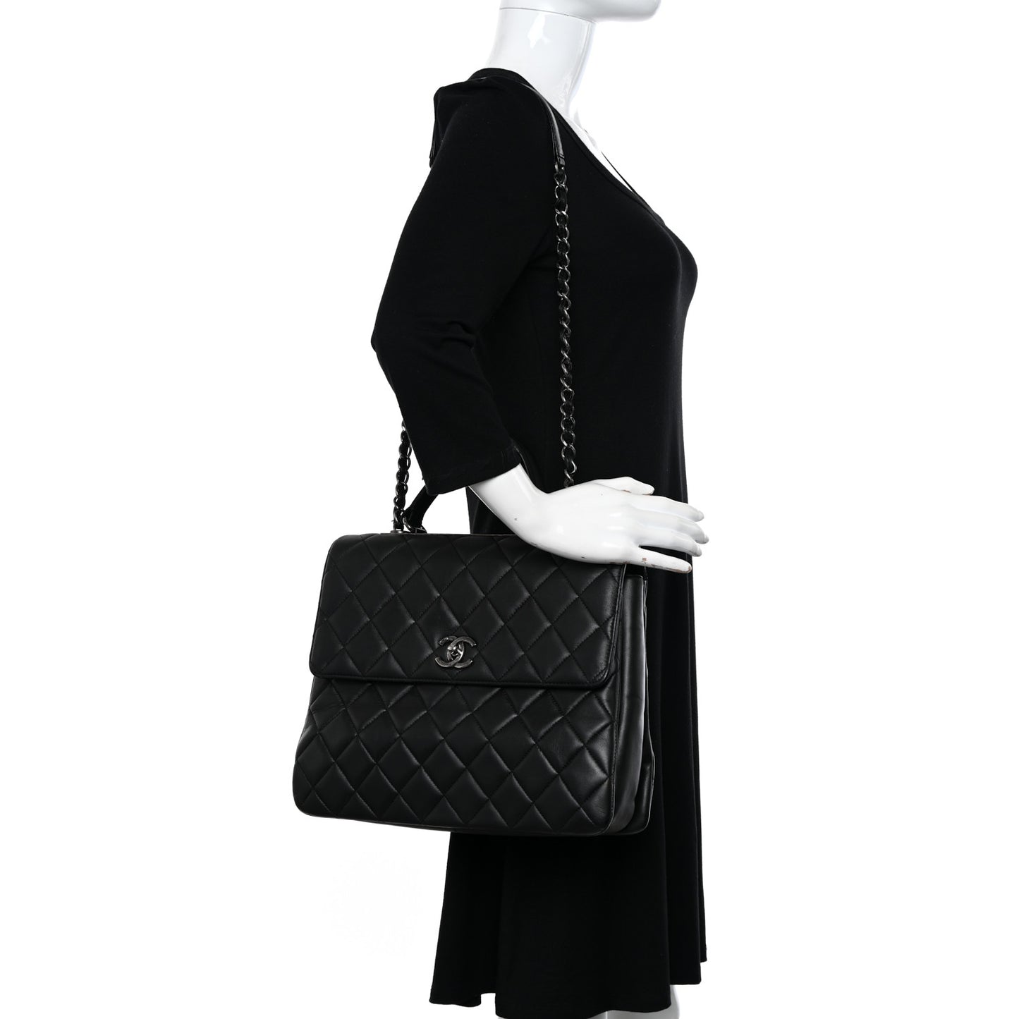 Lambskin Quilted Large Trendy CC Dual Handle Flap Bag Black