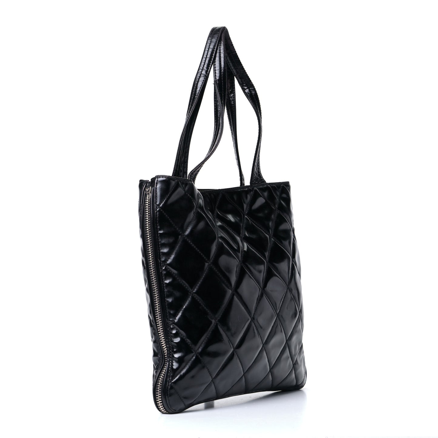 Patent Quilted Expandable CC Shoping Tote Black