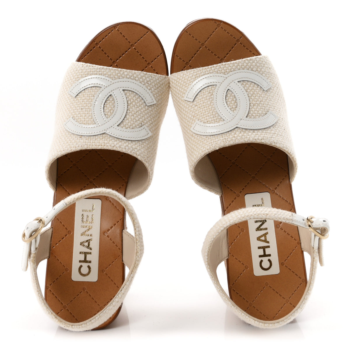 Chanel Fabric Patent Calfskin Platform Wedge Sandals 38 Ivory White 2 of 10