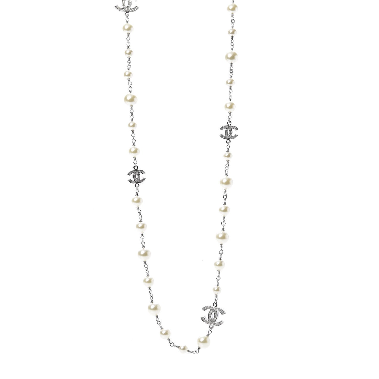 Graduated Pearl Crystal CC Long Necklace Silver