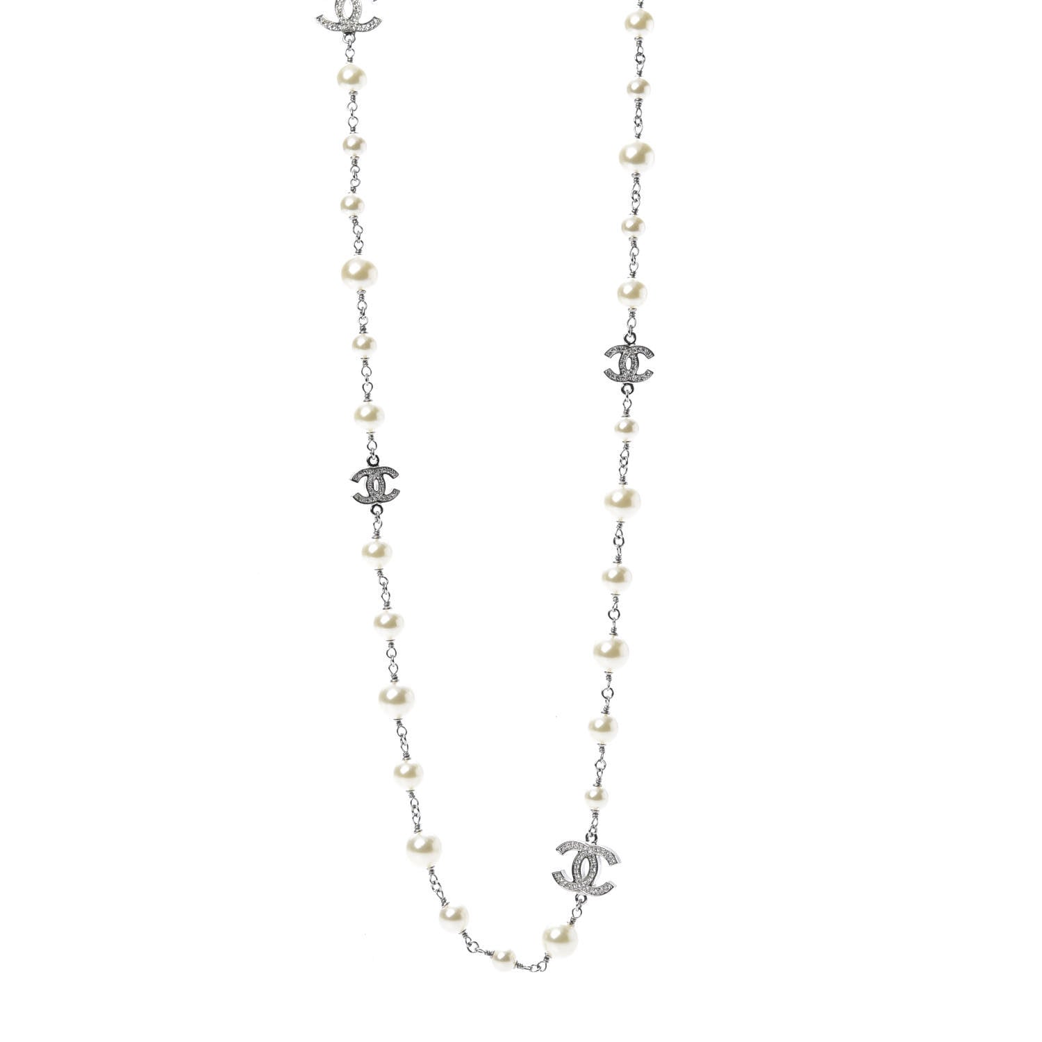 Chanel Graduated Pearl Crystal CC Long Necklace Silver 1 of 4