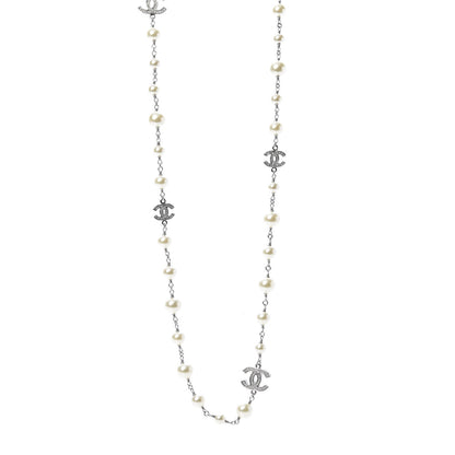 Chanel Graduated Pearl Crystal CC Long Necklace Silver 1 of 4