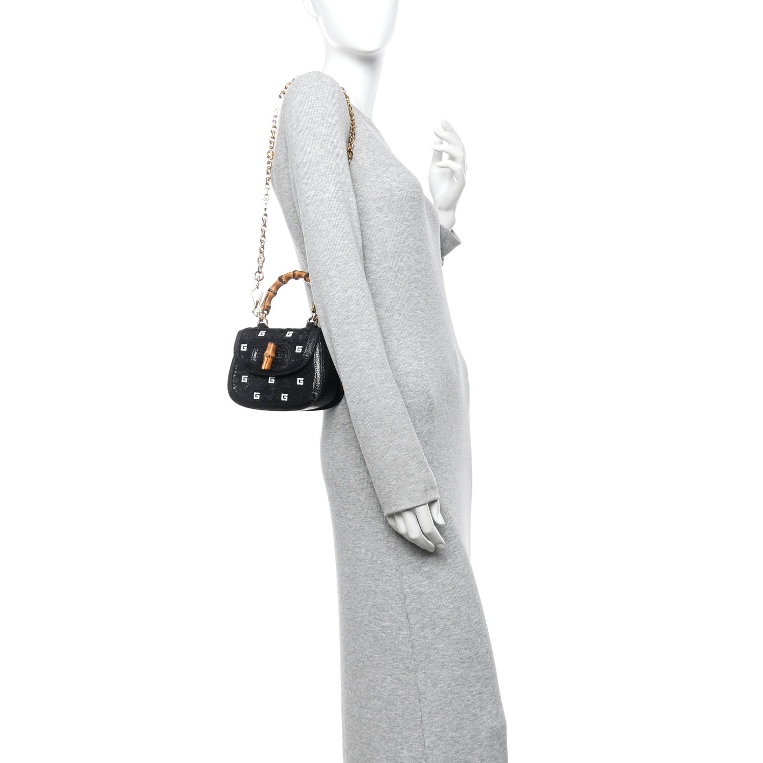 Gucci Sequin Lizard Embossed GG Mini Bamboo 1947 Top Handle Chain Bag Black White 2 of 12