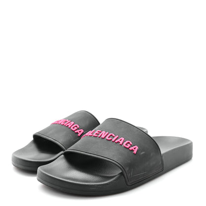 Balenciaga Rubber Womens Logo Pool Slide Sandals 39 Black Fuschia 4 of 9