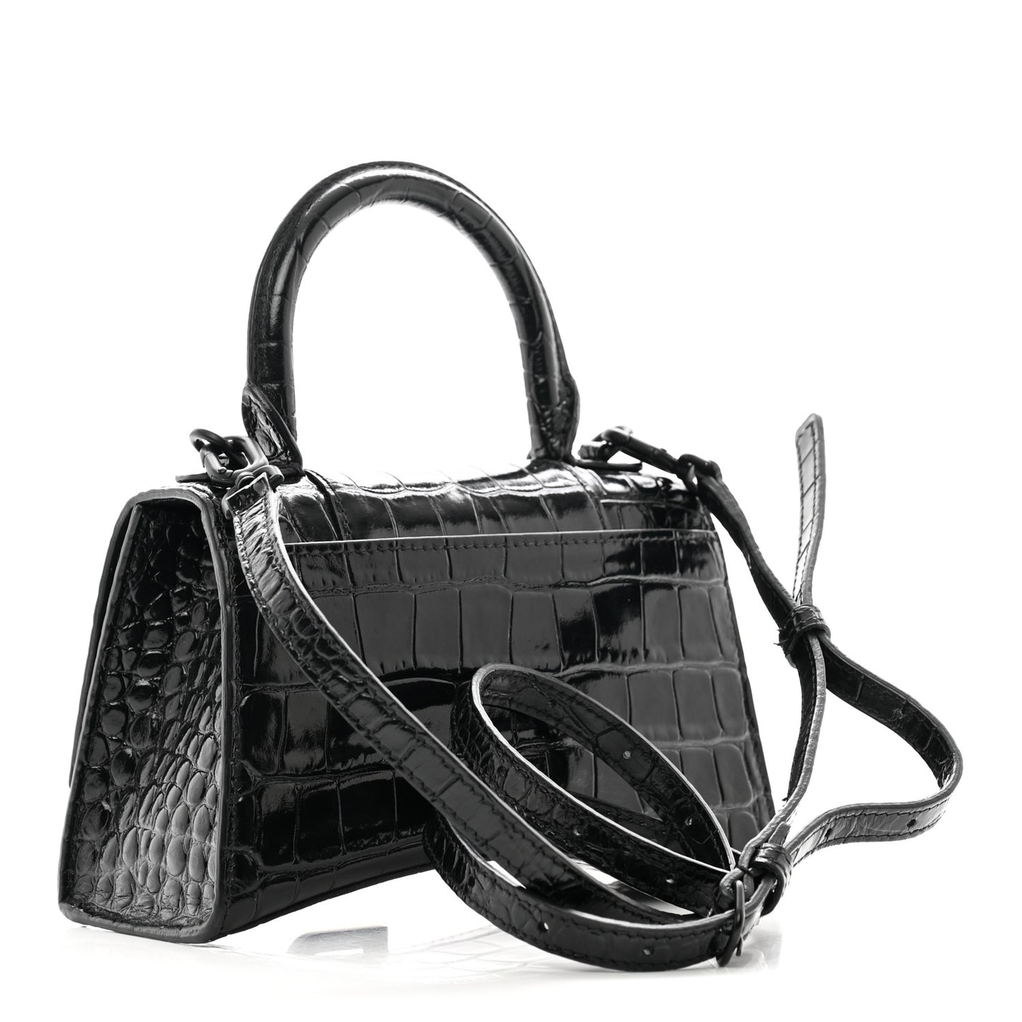 Shiny Calfskin Monochrome Crocodile Embossed Hourglass Top Handle Bag XS Black