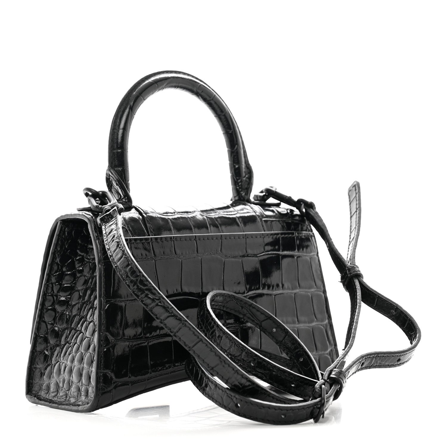 Balenciaga Shiny Calfskin Monochrome Crocodile Embossed Hourglass Top Handle Bag XS Black 3 of 11