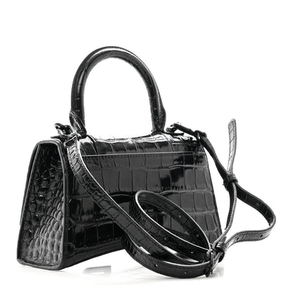 Balenciaga Shiny Calfskin Monochrome Crocodile Embossed Hourglass Top Handle Bag XS Black 3 of 11