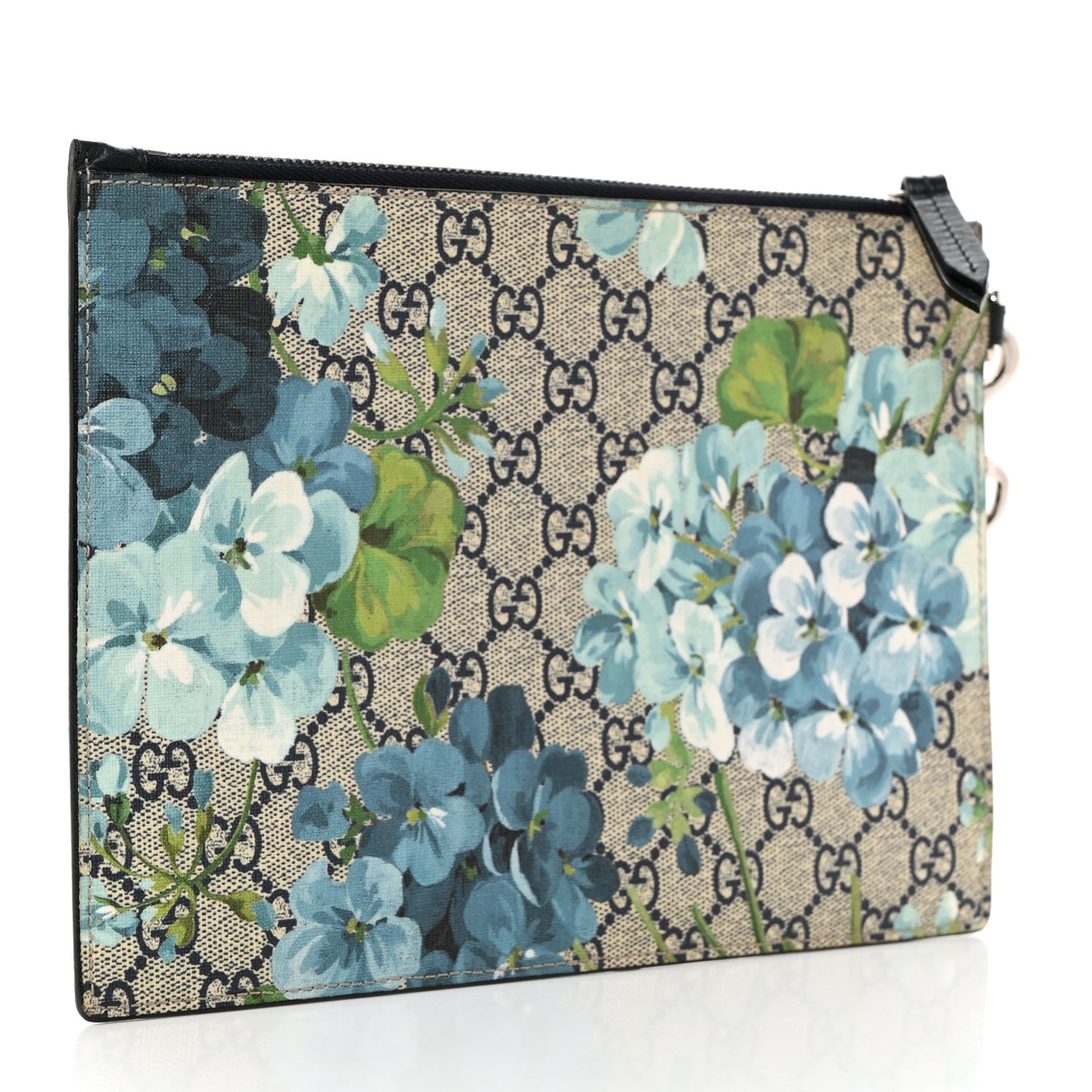 GG Supreme Monogram Blooms Small Zip Wristlet Pouch Beige Blue Black
