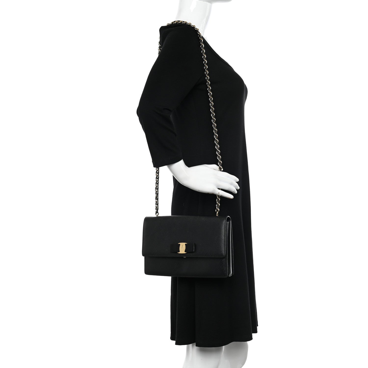 Salvatore Ferragamo Printed Calfskin Vara Bow Chain Flap Crossbody Black 2 of 14
