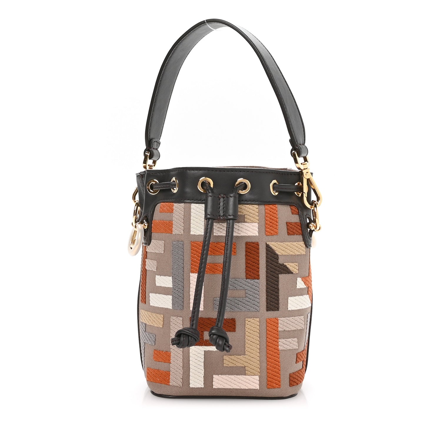 Kuban Canvas Vitello King F is Fendi FF Embroidered Mini Mon Tresor Bucket Bag Tartufo Ebano Multicolor