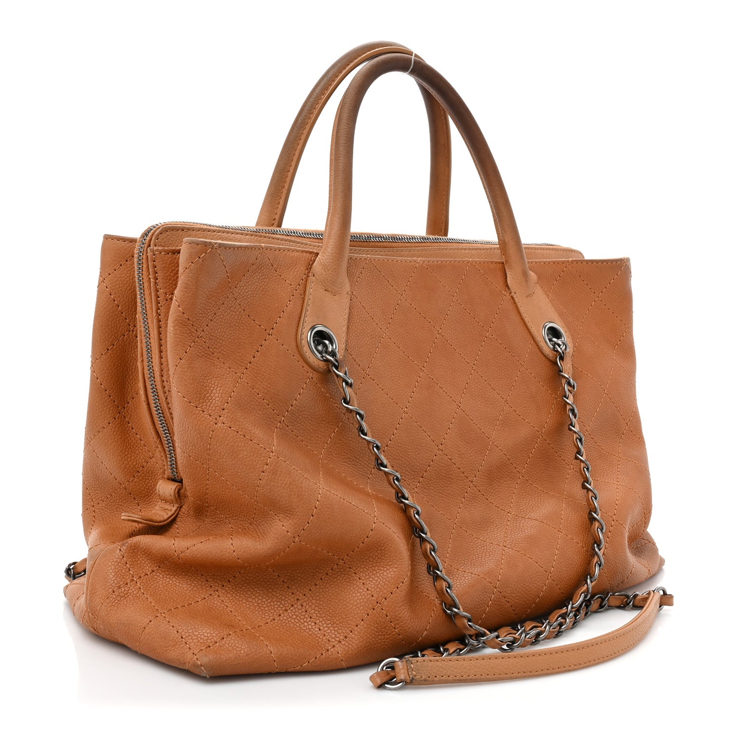 Grained Vegetal Calfskin Stitched Shopping Tote Tan