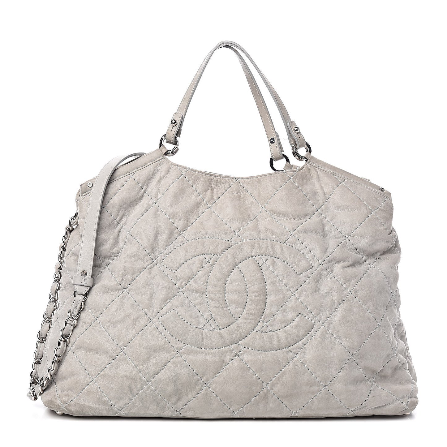 Iridescent Calfskin Diamond Stitched CC Shopping Tote Gris Clair