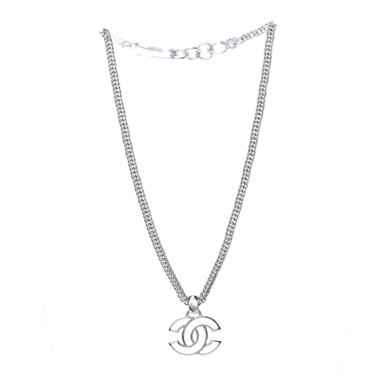 Chanel Metal Enamel CC Necklace Silver White 4 of 6