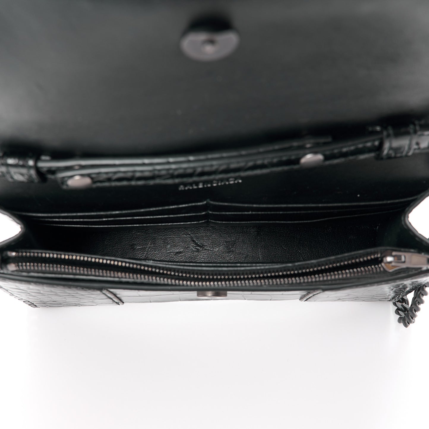 Shiny Calfskin Monochrome Crocodile Embossed Hourglass Wallet On Chain Black