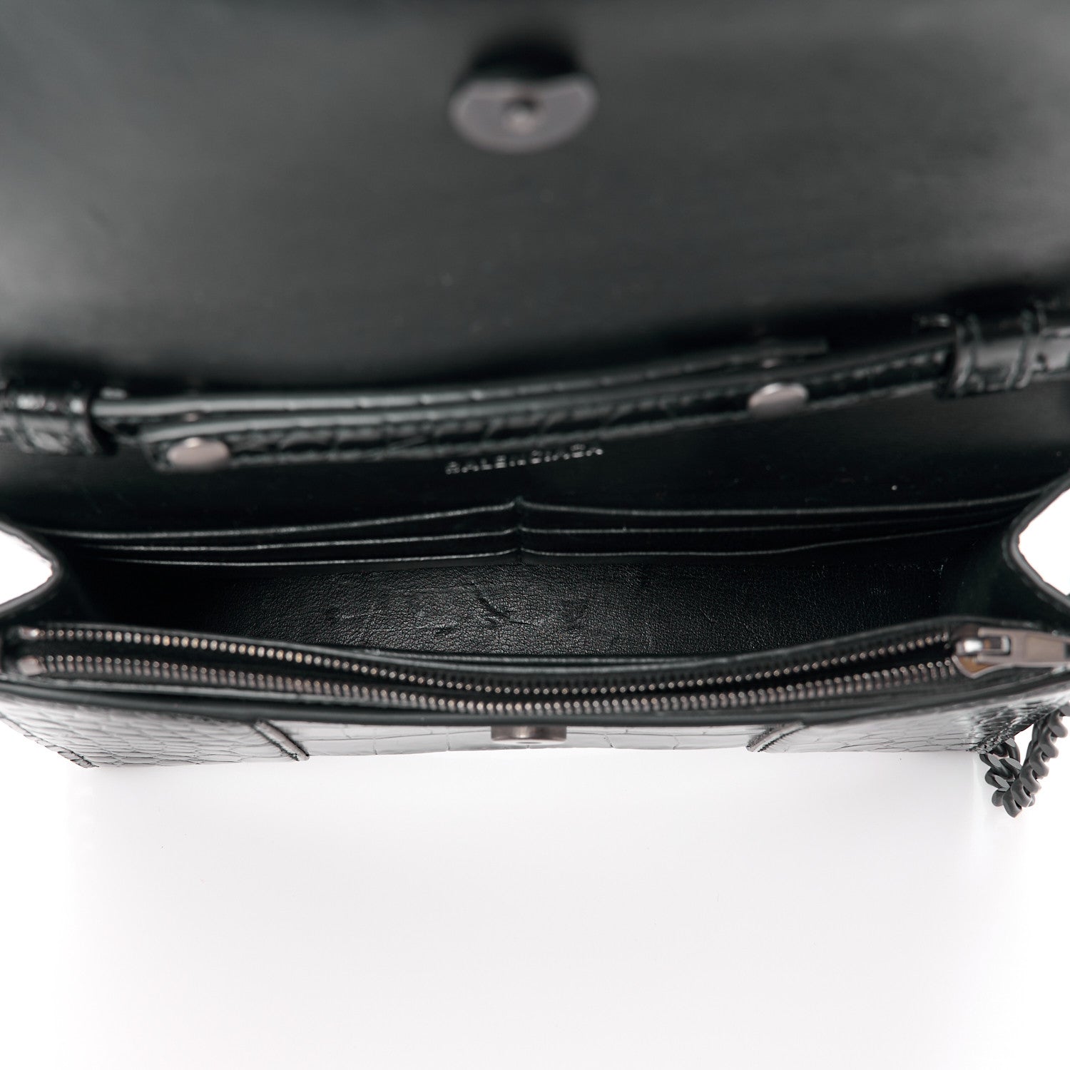 Balenciaga Shiny Calfskin Monochrome Crocodile Embossed Hourglass Wallet On Chain Black 5 of 11