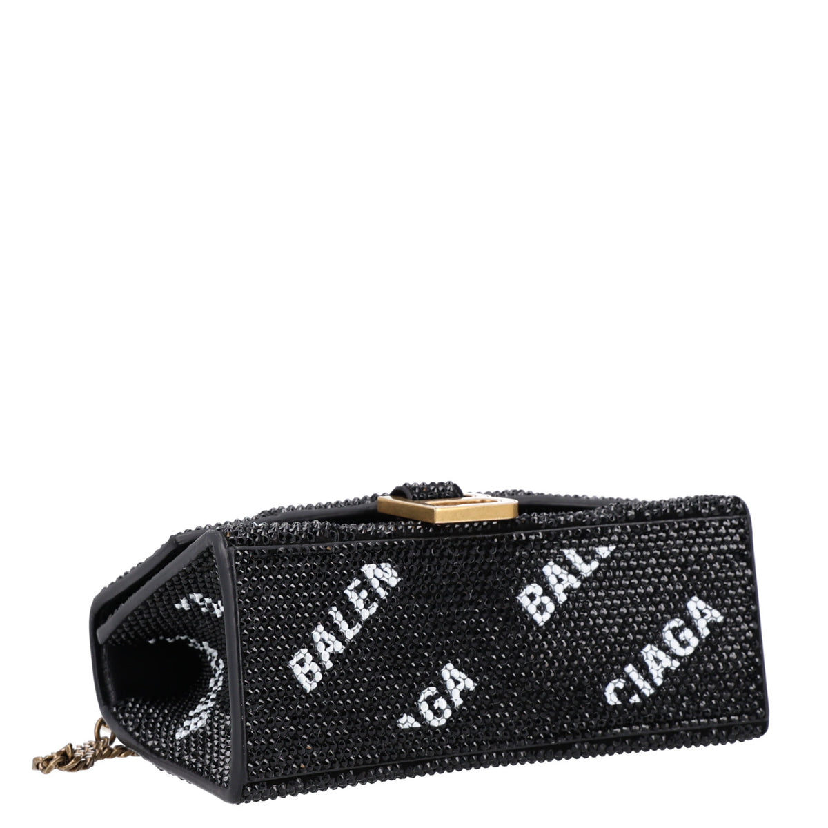 Strass Suede Allover Logo Hourglass Top Handle Bag XS with Chain Black White