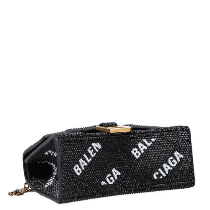 Balenciaga Strass Suede Allover Logo Hourglass Top Handle Bag XS with Chain Black White 4 of 10