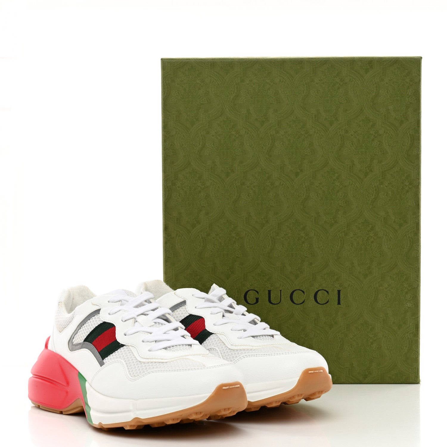 Gucci Lavaredo Eco Fabric Mesh Web Mens Rhyton Reflective Sneakers 8 Great White Green Red Silver 15 of 15