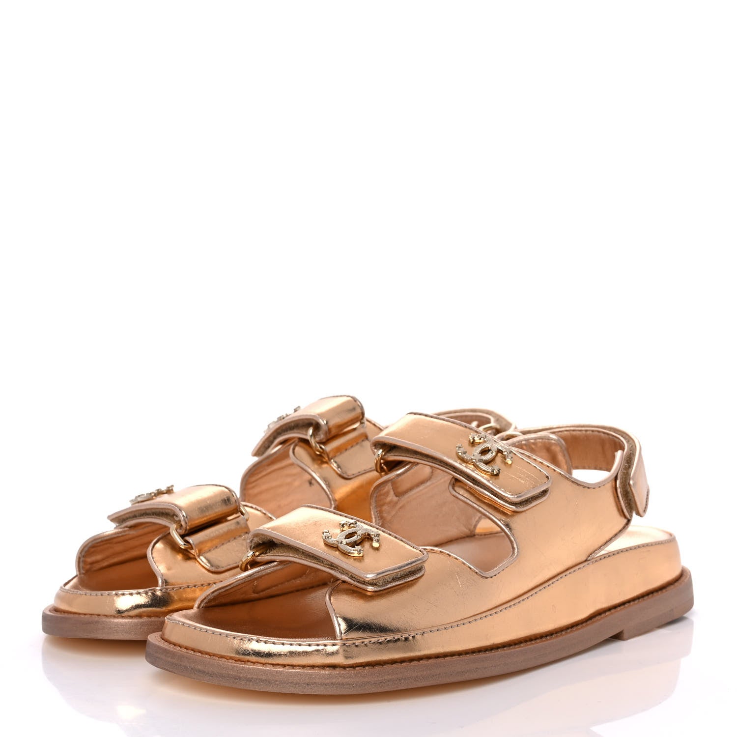 Chanel Metallic Laminated Calfskin Velcro Dad Sandals 37.5 Golden 3 of 10