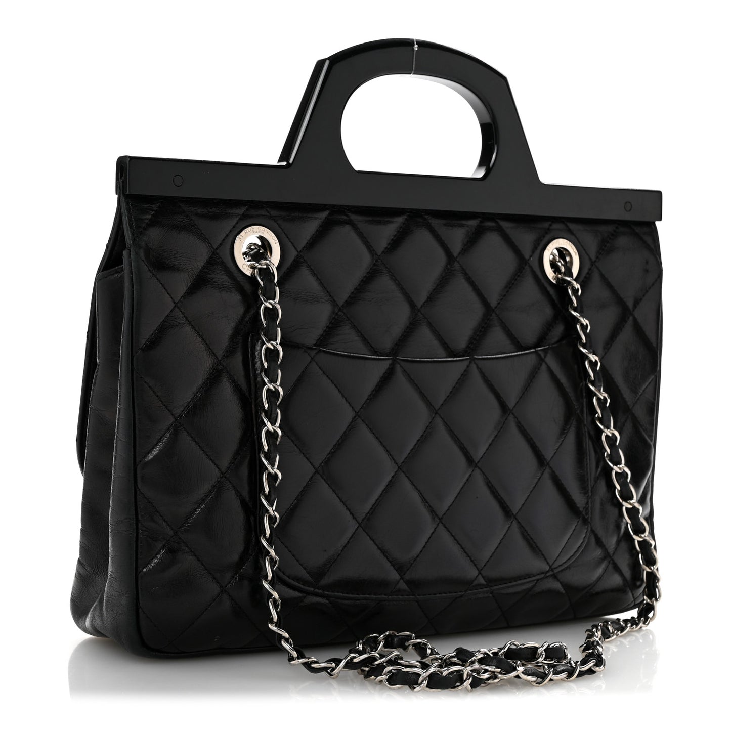 Glazed Calfskin Quilted Small CC Delivery Tote Black