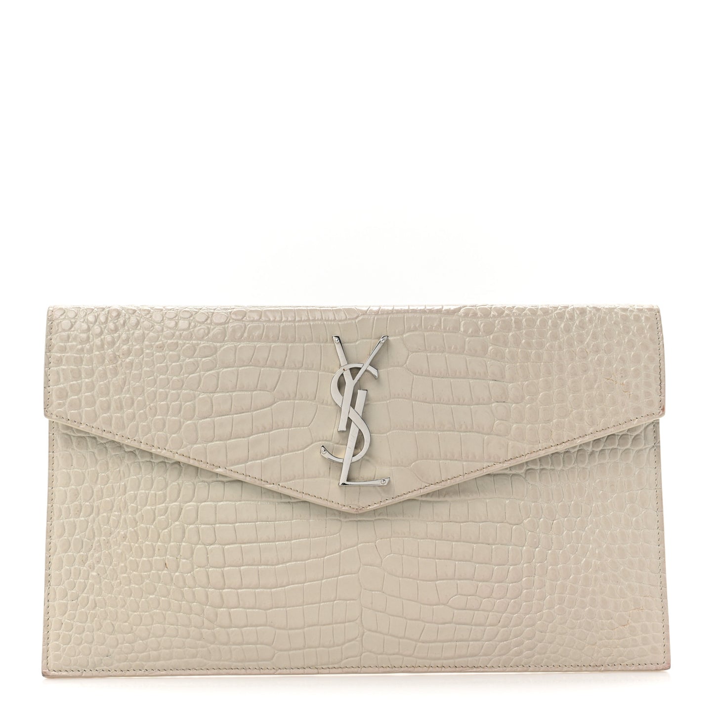 Calfskin Crocodile Embossed Uptown Monogram Clutch Porcellana