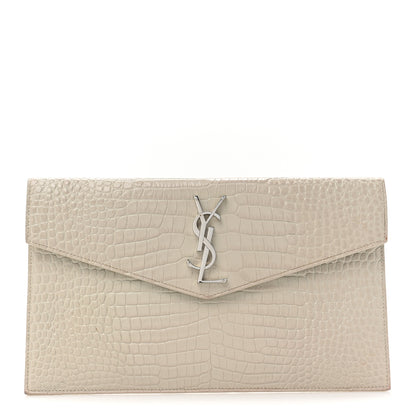 Saint Laurent Calfskin Crocodile Embossed Uptown Monogram Clutch Porcellana 1 of 14