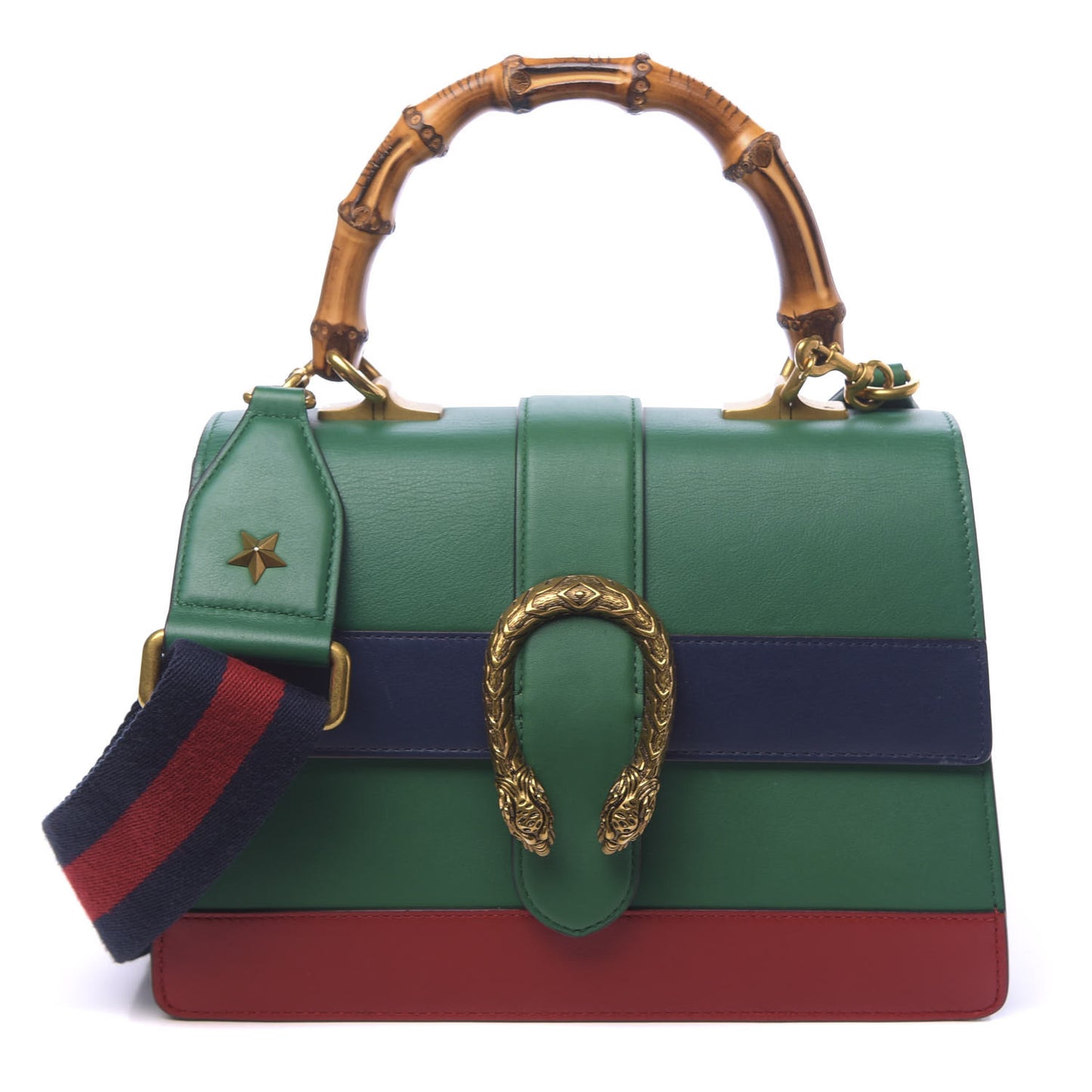 Moon Calfskin Web Medium Dionysus Bamboo Top Handle Bag Emerald Blue Hibiscus Red