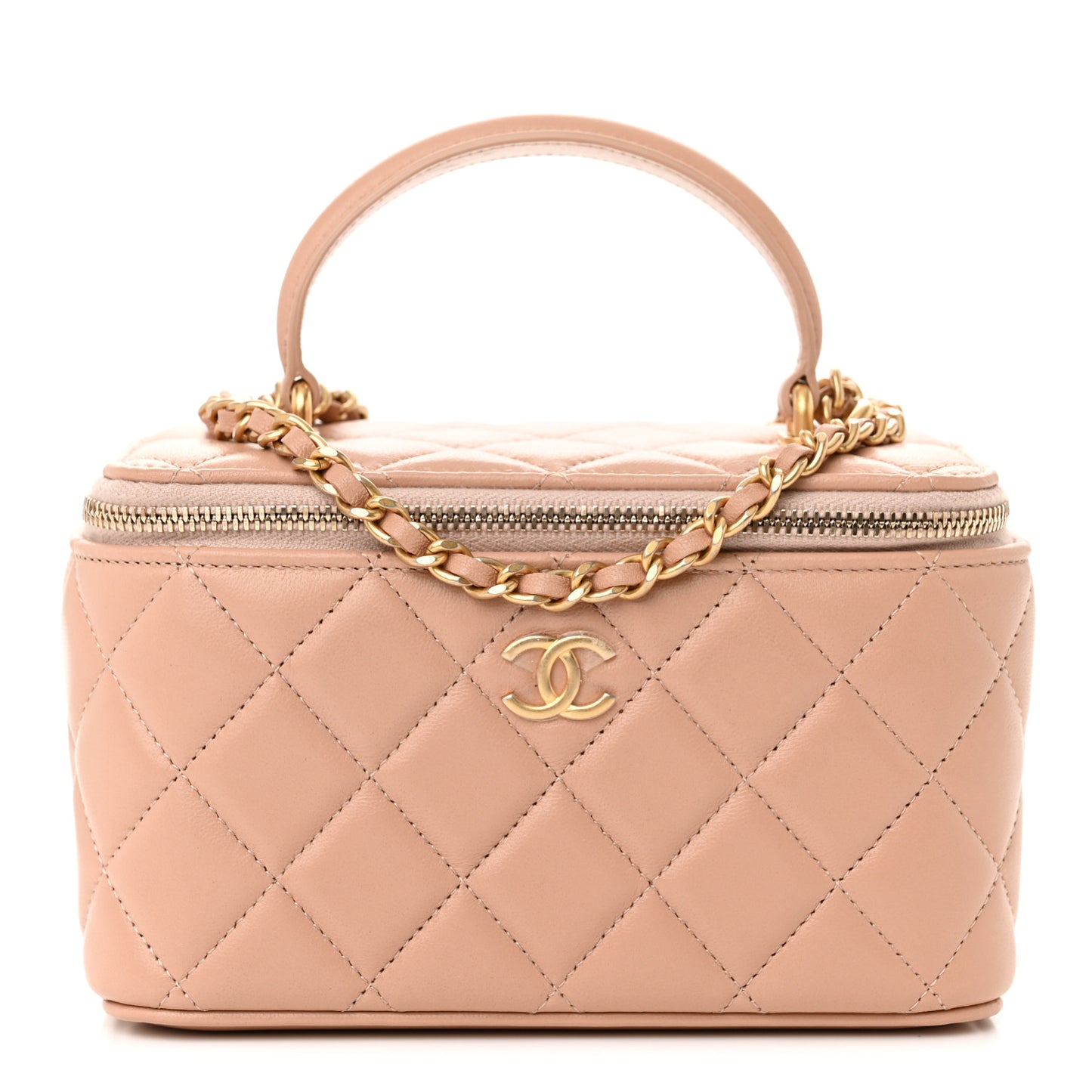 Lambskin Quilted Small Top Handle Vanity Case With Chain Beige