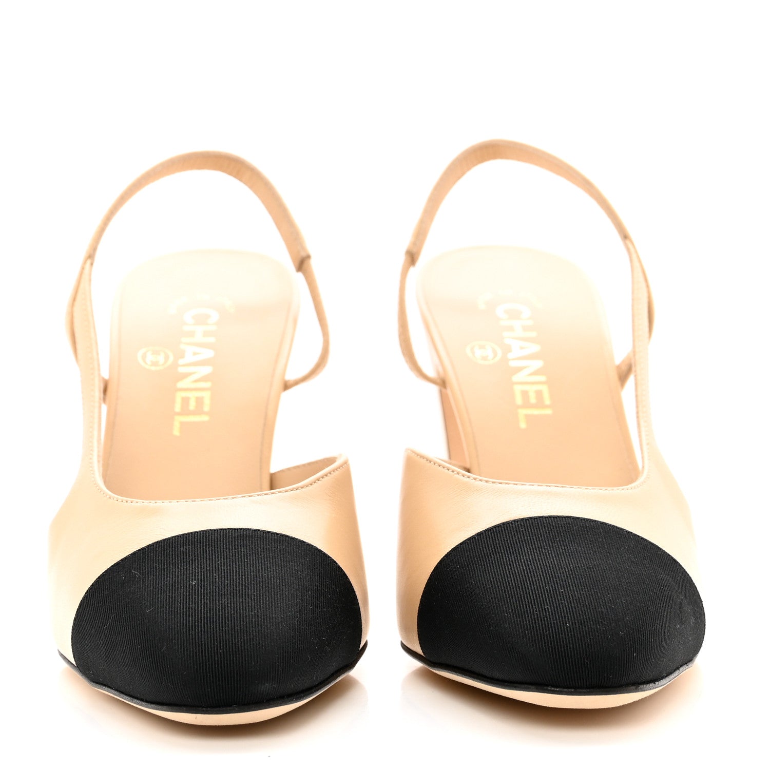 Chanel Goatskin Grosgrain Cap Toe CC Slingback Pumps 39 Beige Black 2 of 9
